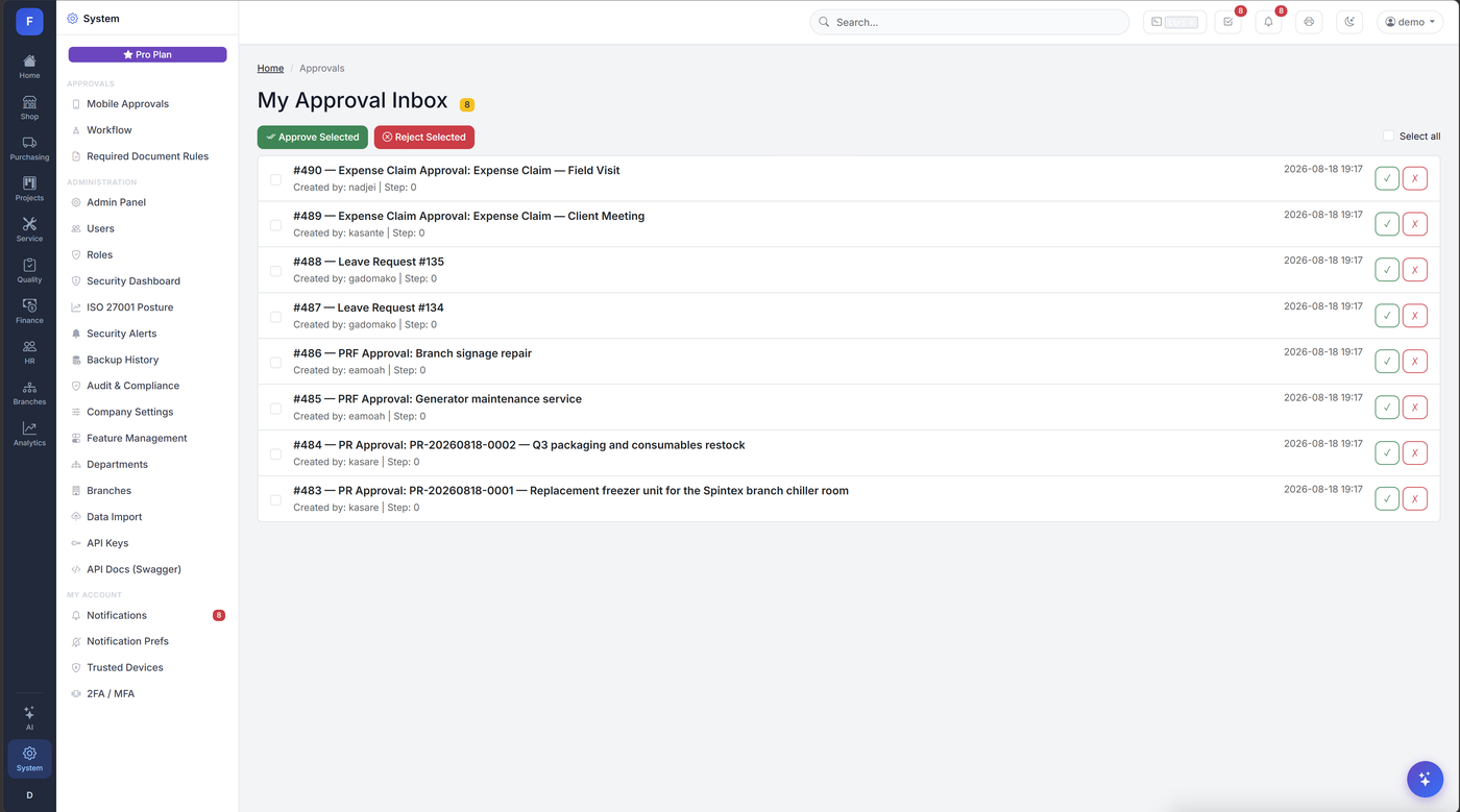 C.I.T. ERP Approval Inbox showing pending purchase requisitions, payment requisitions, leave requests and expense claims awaiting sign-off
