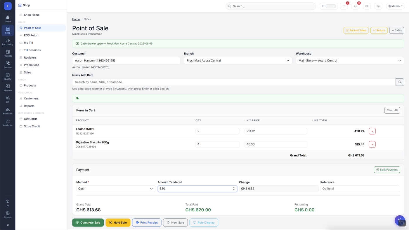C.I.T. ERP Point of Sale screen mid-sale, showing items in cart, split payment fields, and grand total
