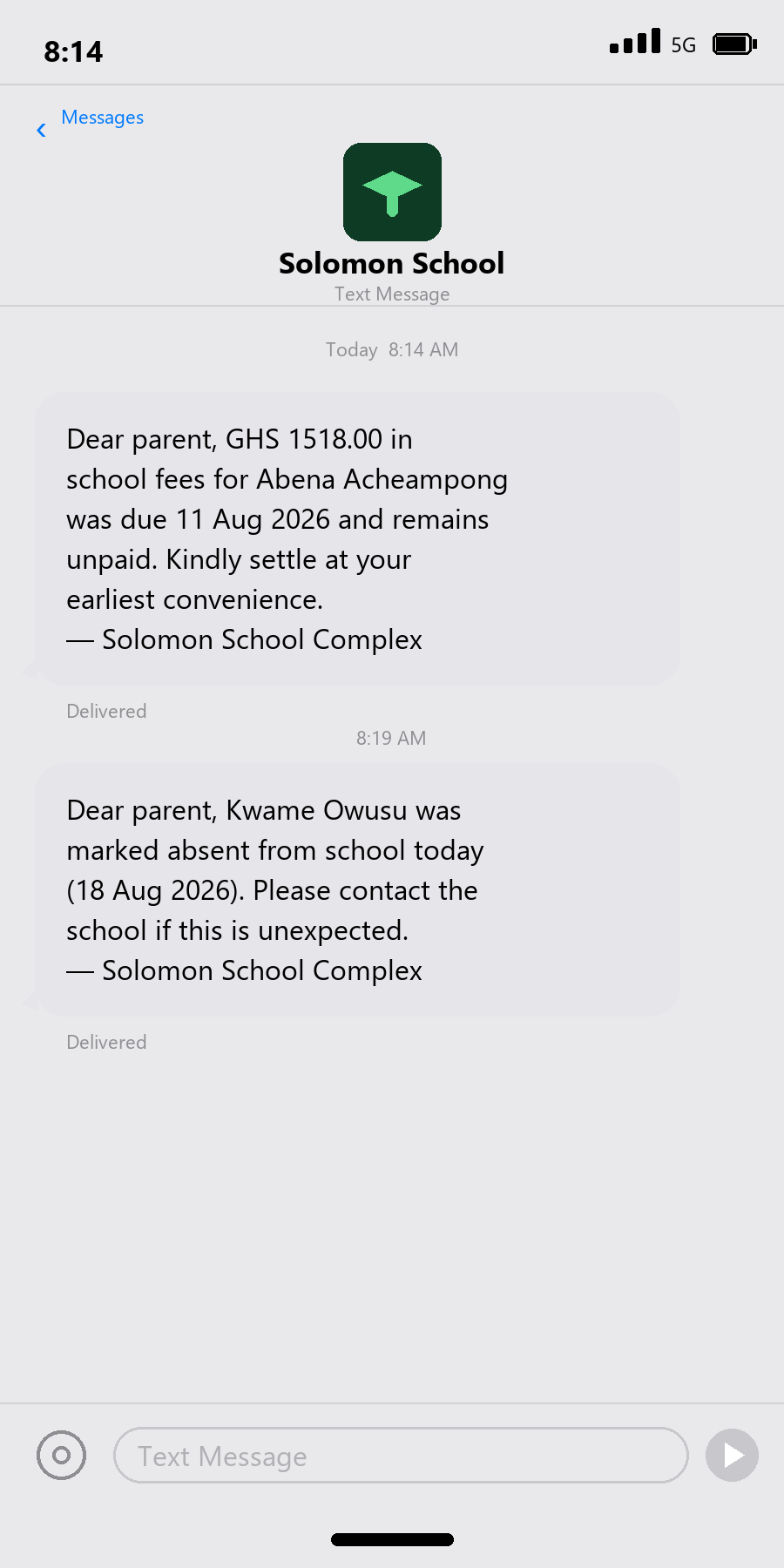 Text messages: an overdue fee reminder and an absence notification, both from Solomon School Complex