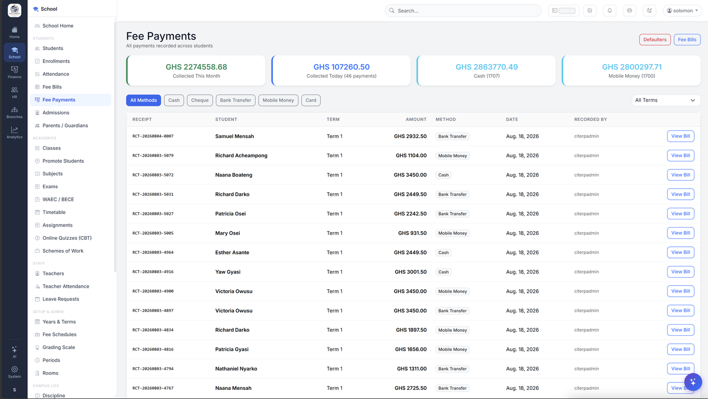 C.I.T. ERP Fee Payments screen showing recent payments, collected totals, and payment methods